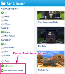 Please check these options,the sim models with CC will show up in your Gallery screen.